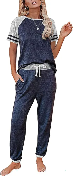 PRETTYGARDEN Women Summer Two Piece Outfits Striped Short Sleeve Pullover and Long Pants Tracksuit Travel Pajama Lounge Set