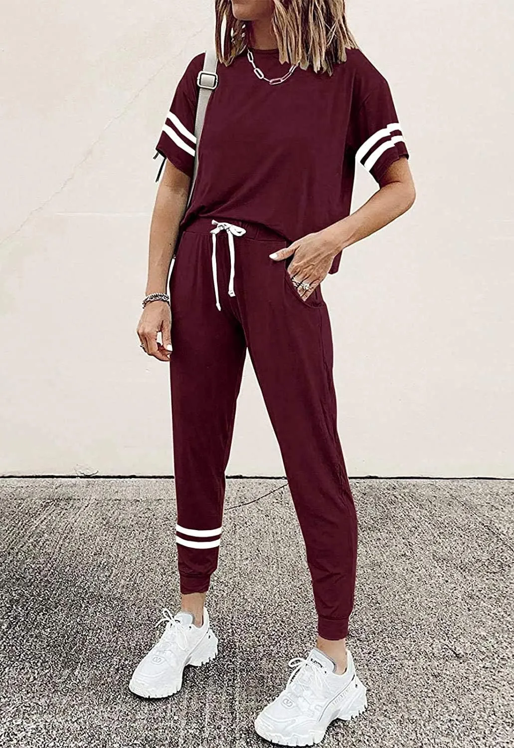 PRETTYGARDEN Women Summer Two Piece Outfits Striped Short Sleeve Pullover and Long Pants Tracksuit Travel Pajama Lounge Set