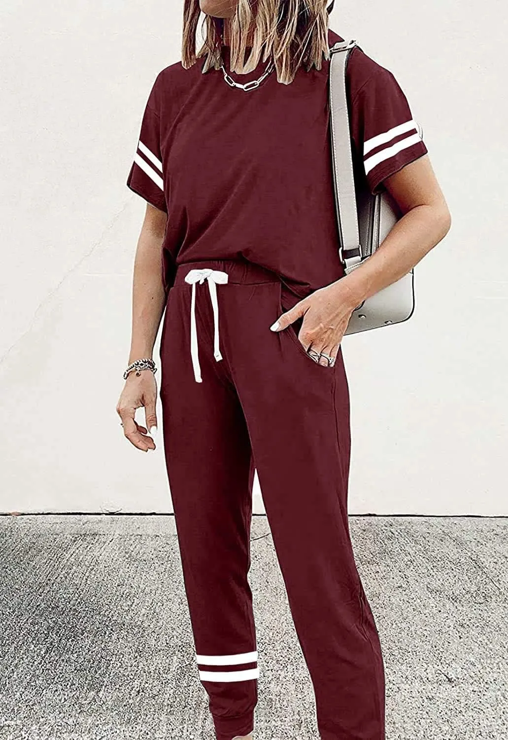 PRETTYGARDEN Women Summer Two Piece Outfits Striped Short Sleeve Pullover and Long Pants Tracksuit Travel Pajama Lounge Set