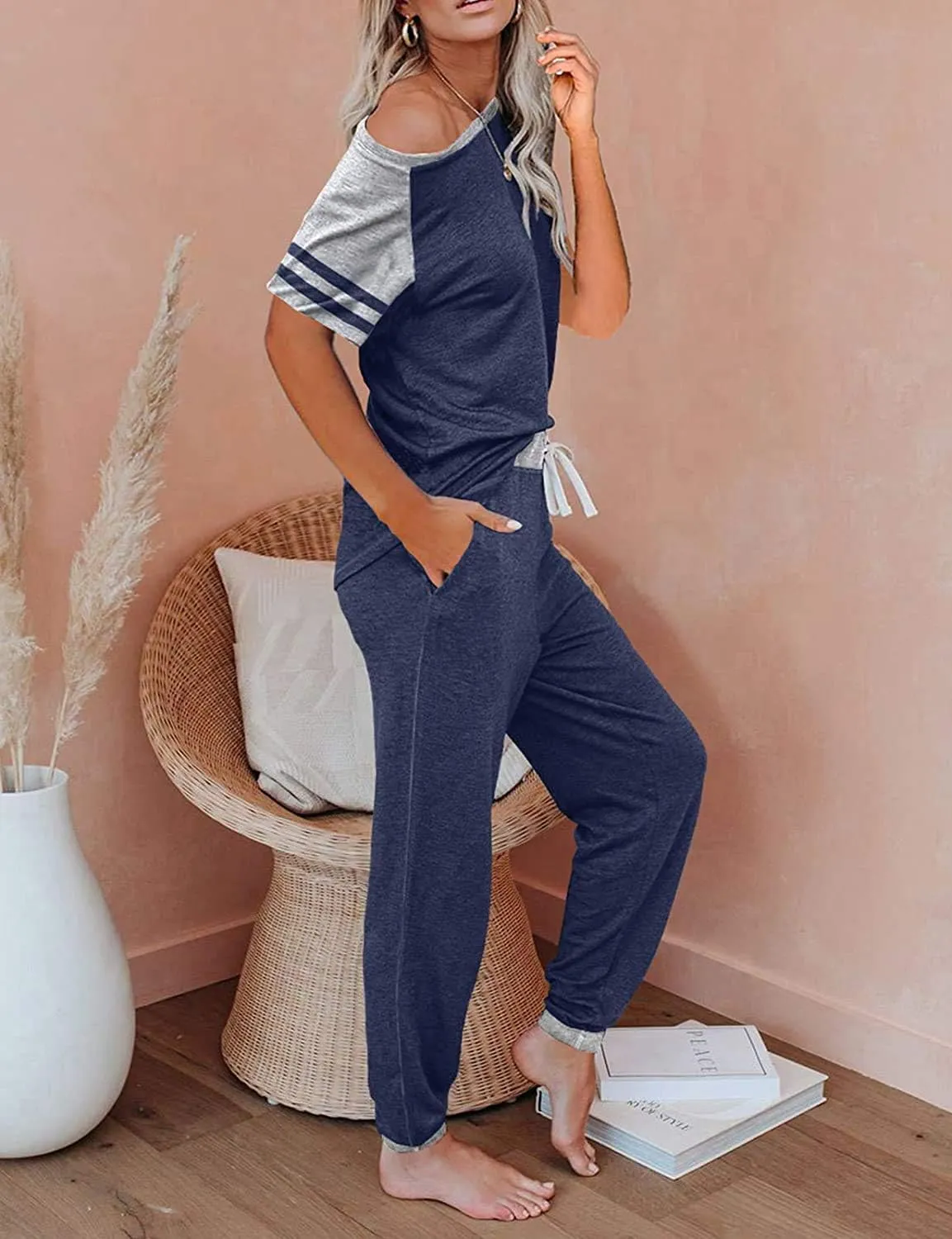 PRETTYGARDEN Women Summer Two Piece Outfits Striped Short Sleeve Pullover and Long Pants Tracksuit Travel Pajama Lounge Set