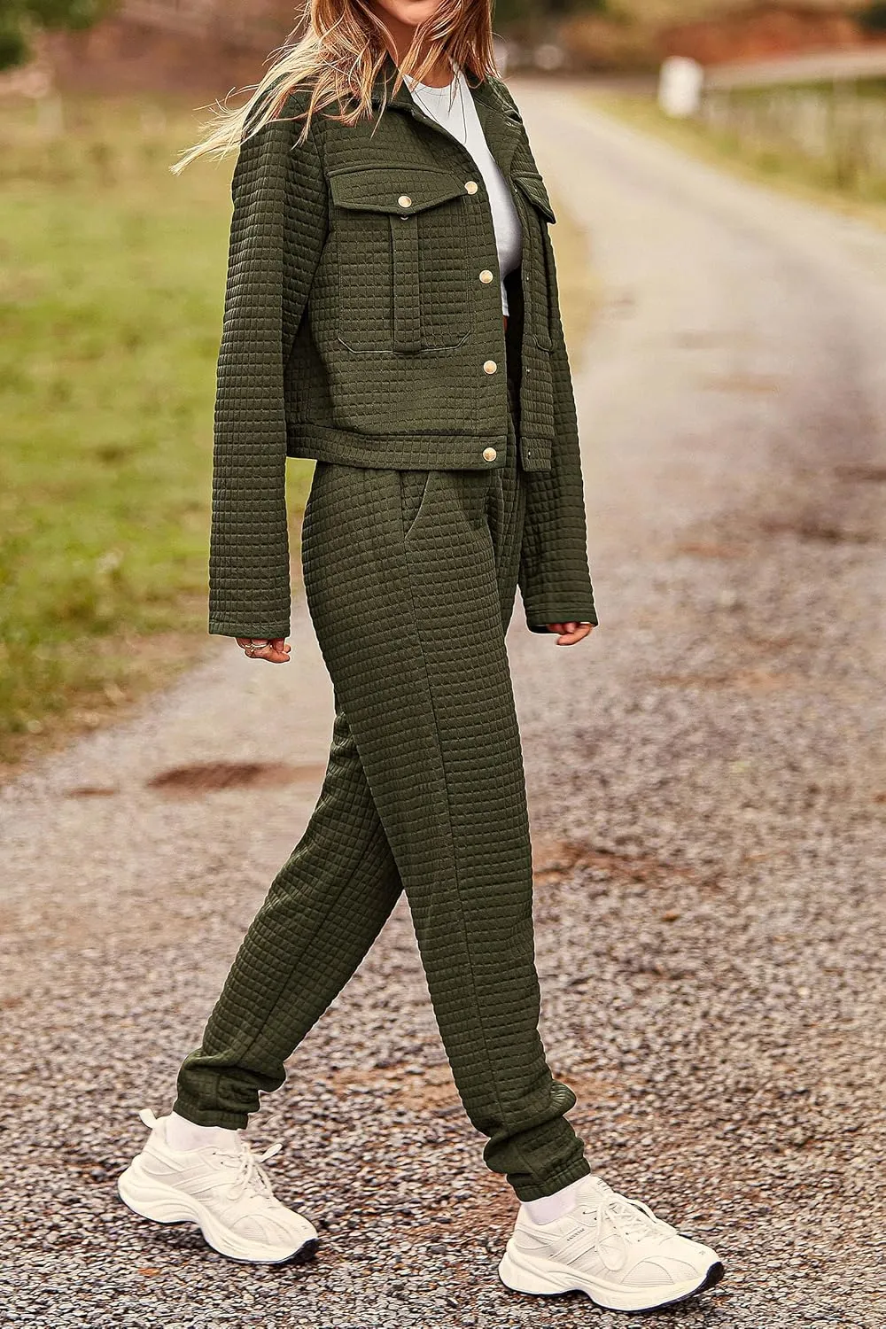 PRETTYGARDEN Womens 2025 Winter 2 Piece Outfit Tracksuit Long Sleeve Button Down Shacket Jacket Pockets Long Pants Casual Set
