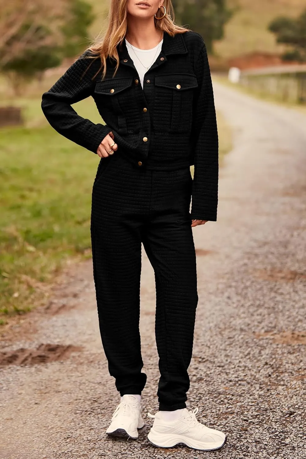 PRETTYGARDEN Womens 2025 Winter 2 Piece Outfit Tracksuit Long Sleeve Button Down Shacket Jacket Pockets Long Pants Casual Set