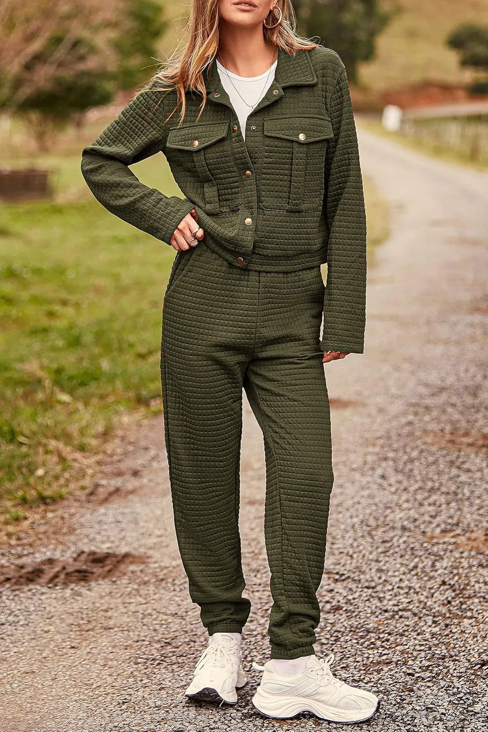 PRETTYGARDEN Womens 2025 Winter 2 Piece Outfit Tracksuit Long Sleeve Button Down Shacket Jacket Pockets Long Pants Casual Set