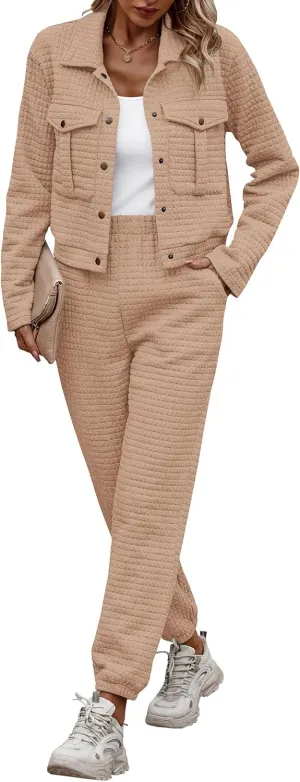 PRETTYGARDEN Womens 2025 Winter 2 Piece Outfit Tracksuit Long Sleeve Button Down Shacket Jacket Pockets Long Pants Casual Set