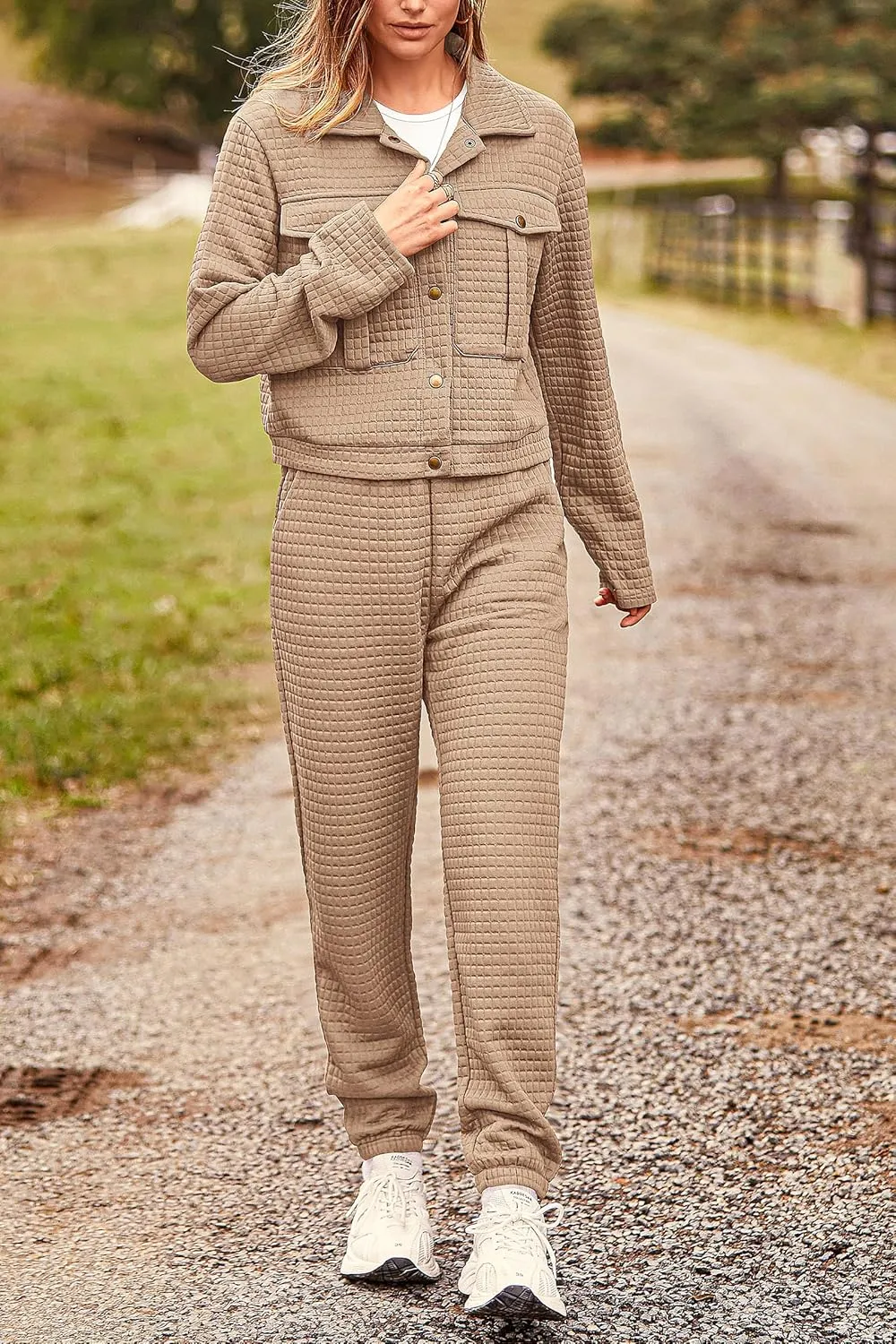 PRETTYGARDEN Womens 2025 Winter 2 Piece Outfit Tracksuit Long Sleeve Button Down Shacket Jacket Pockets Long Pants Casual Set