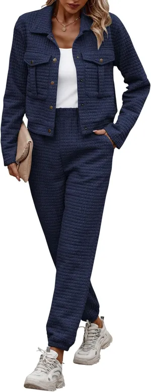 PRETTYGARDEN Womens 2025 Winter 2 Piece Outfit Tracksuit Long Sleeve Button Down Shacket Jacket Pockets Long Pants Casual Set