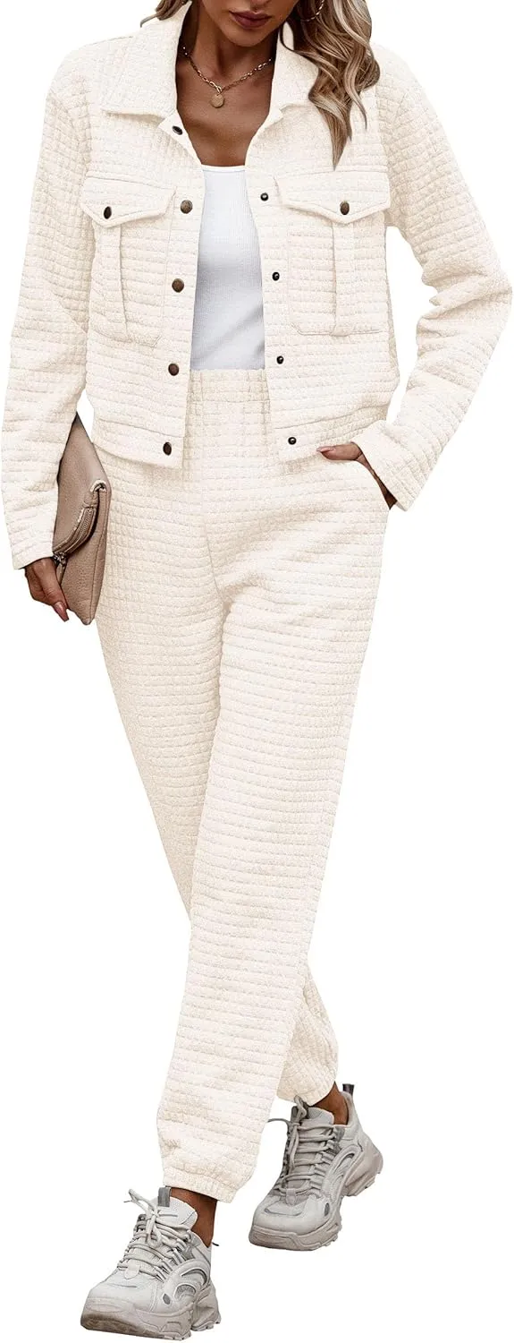 PRETTYGARDEN Womens 2025 Winter 2 Piece Outfit Tracksuit Long Sleeve Button Down Shacket Jacket Pockets Long Pants Casual Set
