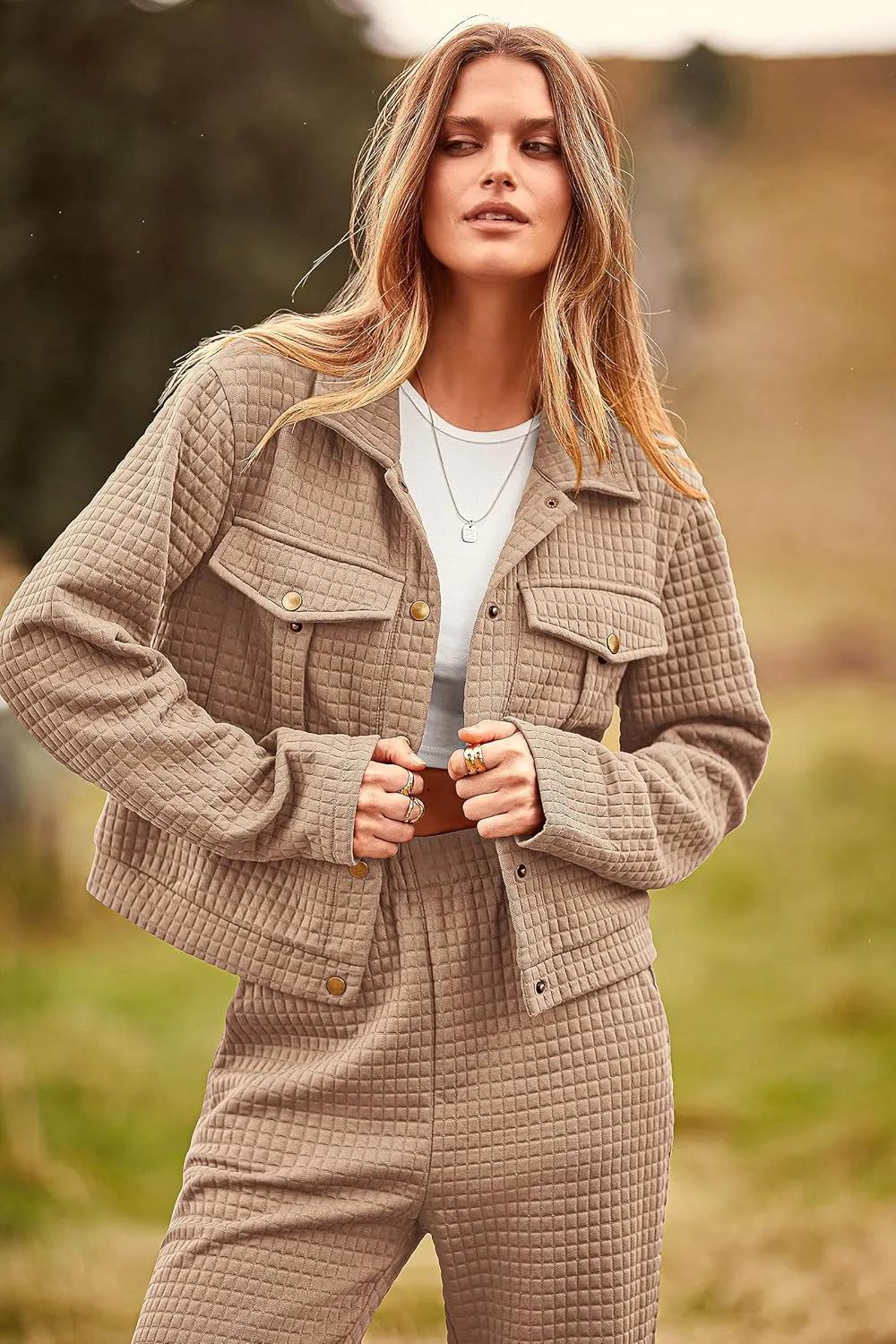 PRETTYGARDEN Womens 2025 Winter 2 Piece Outfit Tracksuit Long Sleeve Button Down Shacket Jacket Pockets Long Pants Casual Set