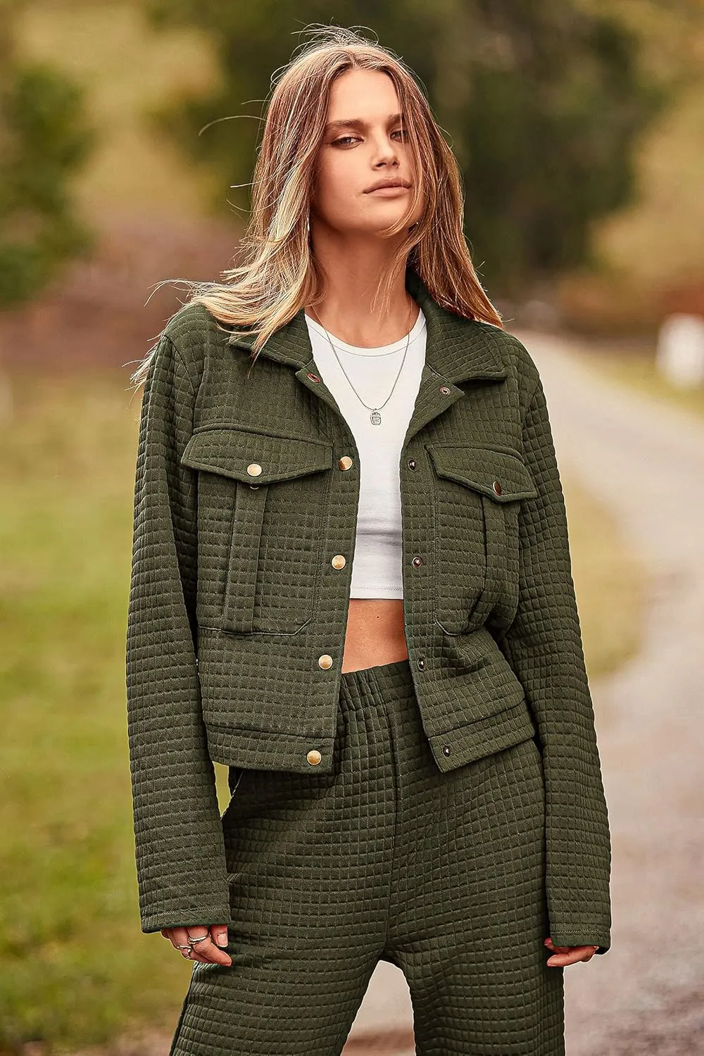 PRETTYGARDEN Womens 2025 Winter 2 Piece Outfit Tracksuit Long Sleeve Button Down Shacket Jacket Pockets Long Pants Casual Set