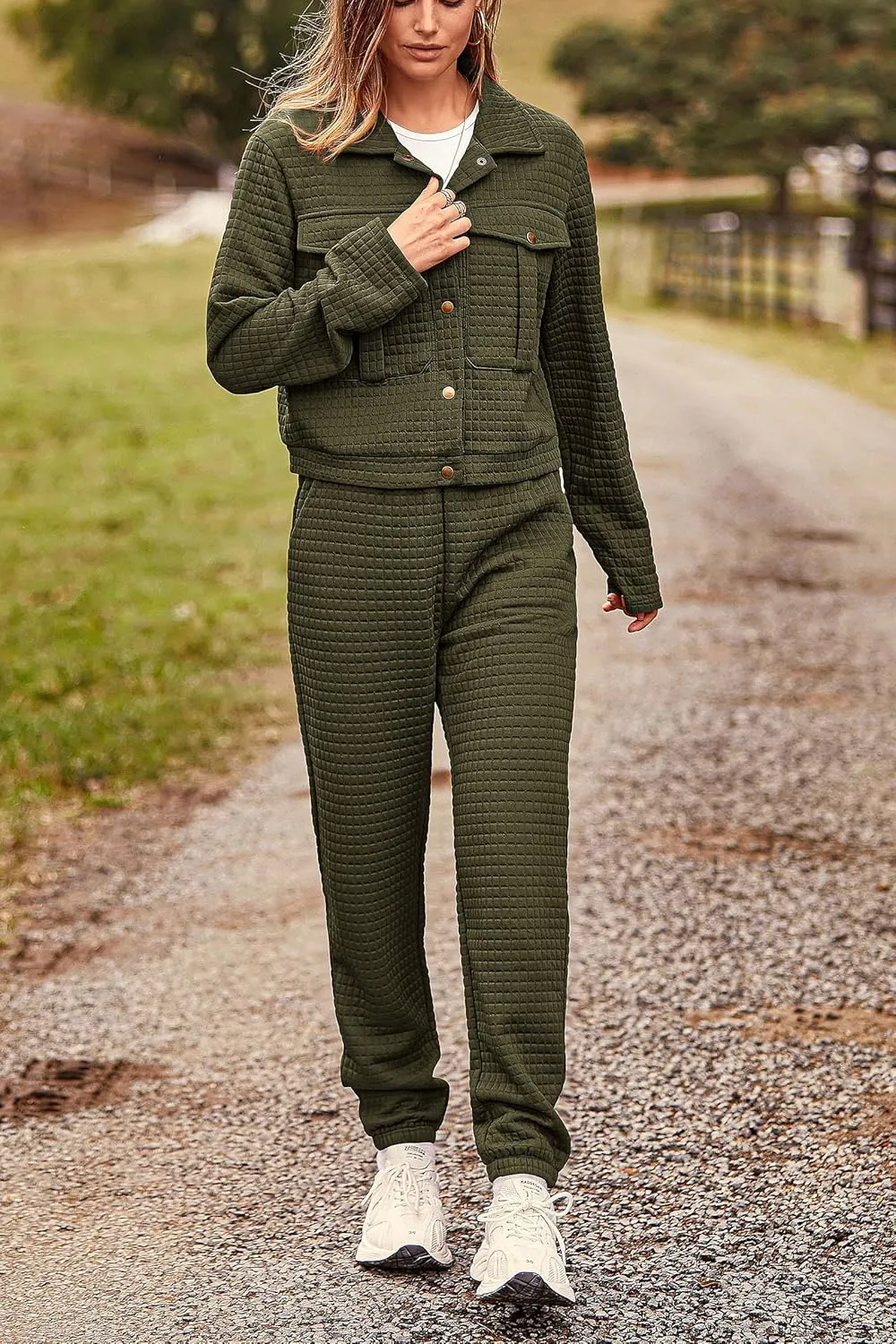 PRETTYGARDEN Womens 2025 Winter 2 Piece Outfit Tracksuit Long Sleeve Button Down Shacket Jacket Pockets Long Pants Casual Set