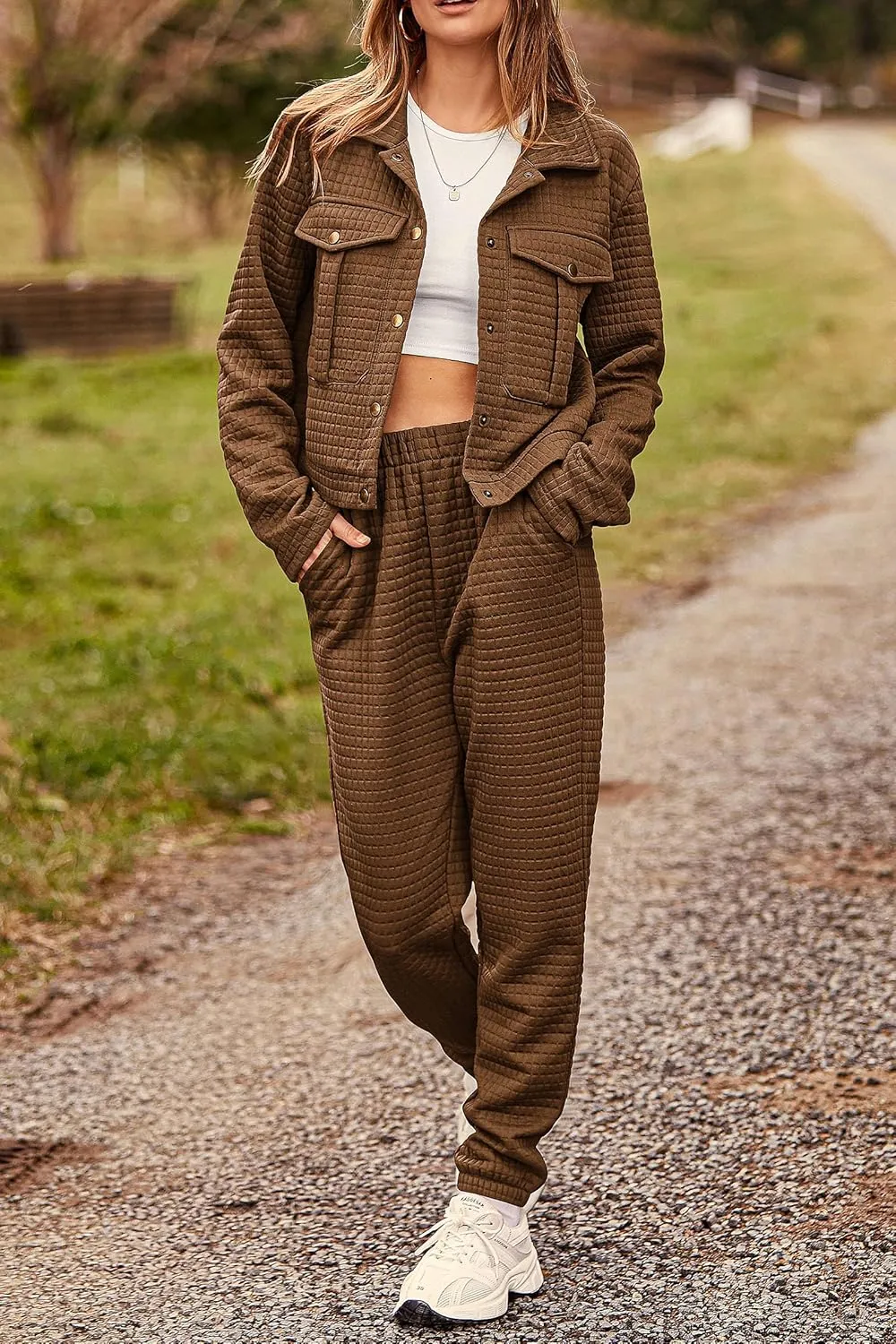 PRETTYGARDEN Womens 2025 Winter 2 Piece Outfit Tracksuit Long Sleeve Button Down Shacket Jacket Pockets Long Pants Casual Set