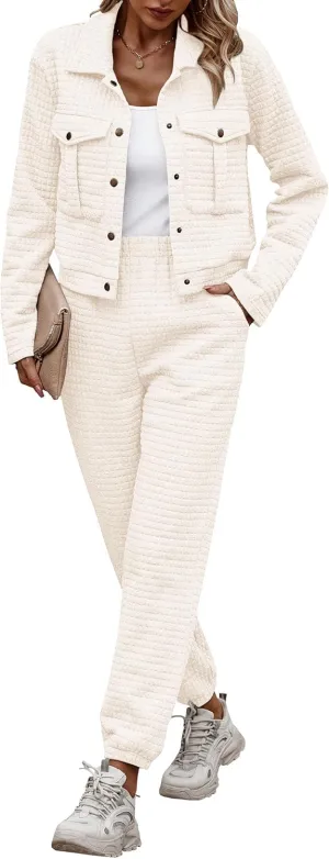 PRETTYGARDEN Womens 2025 Winter 2 Piece Outfit Tracksuit Long Sleeve Button Down Shacket Jacket Pockets Long Pants Casual Set
