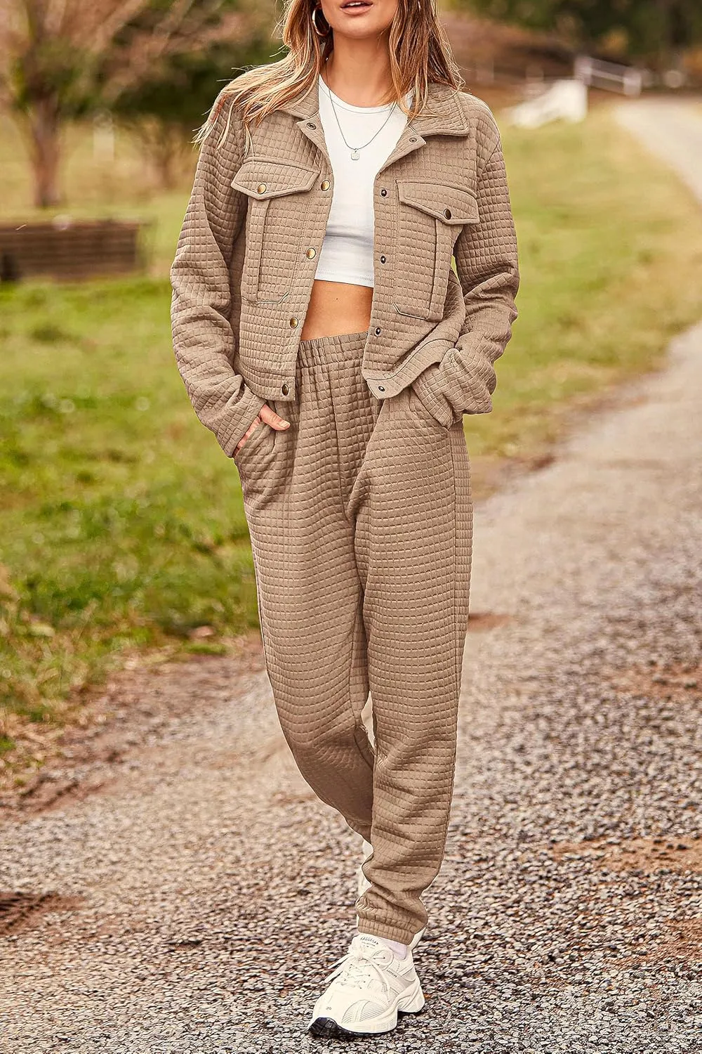 PRETTYGARDEN Womens 2025 Winter 2 Piece Outfit Tracksuit Long Sleeve Button Down Shacket Jacket Pockets Long Pants Casual Set