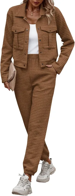 PRETTYGARDEN Womens 2025 Winter 2 Piece Outfit Tracksuit Long Sleeve Button Down Shacket Jacket Pockets Long Pants Casual Set