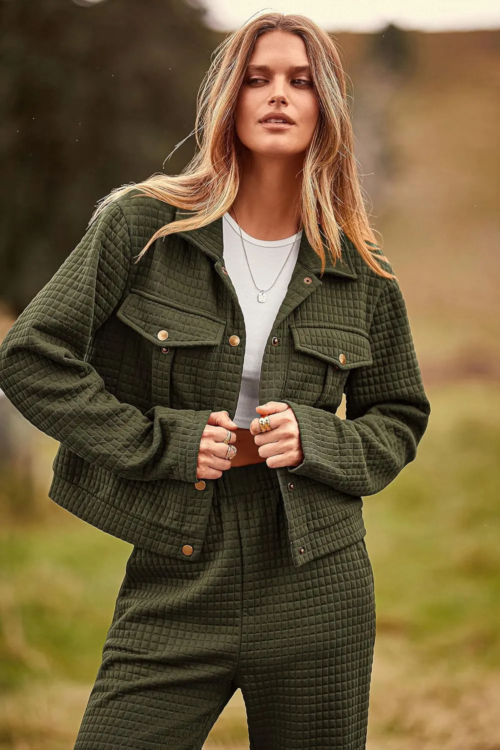 PRETTYGARDEN Womens 2025 Winter 2 Piece Outfit Tracksuit Long Sleeve Button Down Shacket Jacket Pockets Long Pants Casual Set