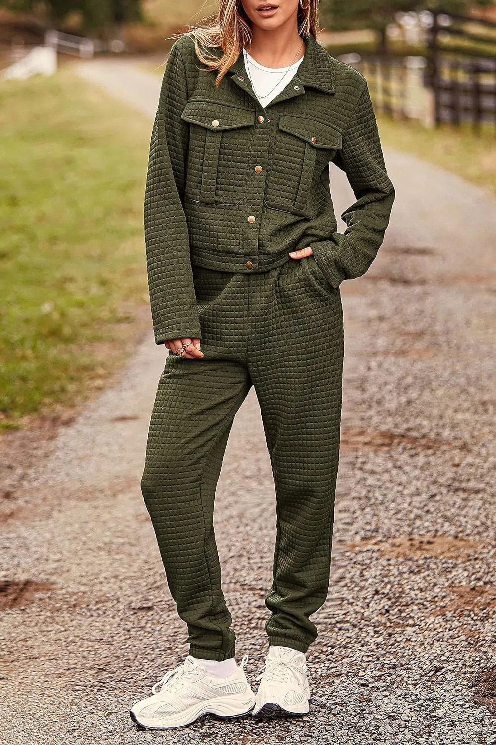 PRETTYGARDEN Womens 2025 Winter 2 Piece Outfit Tracksuit Long Sleeve Button Down Shacket Jacket Pockets Long Pants Casual Set
