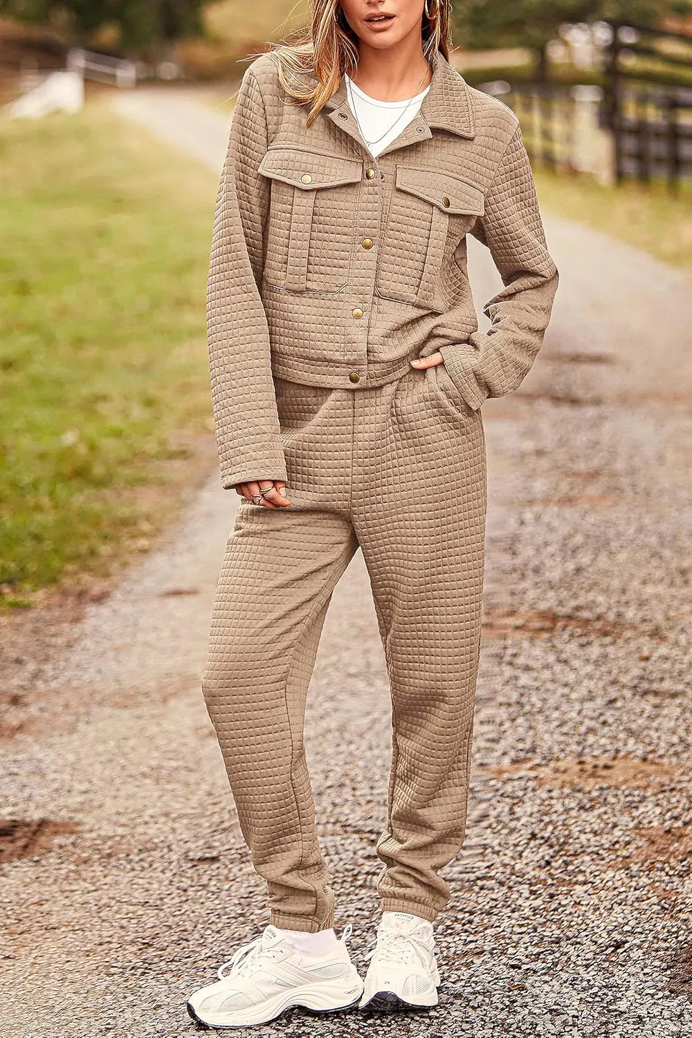 PRETTYGARDEN Womens 2025 Winter 2 Piece Outfit Tracksuit Long Sleeve Button Down Shacket Jacket Pockets Long Pants Casual Set