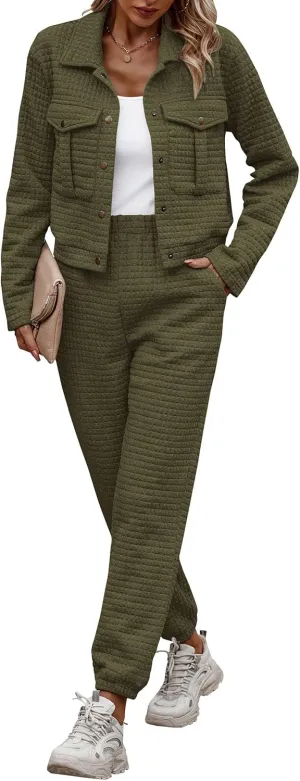 PRETTYGARDEN Womens 2025 Winter 2 Piece Outfit Tracksuit Long Sleeve Button Down Shacket Jacket Pockets Long Pants Casual Set