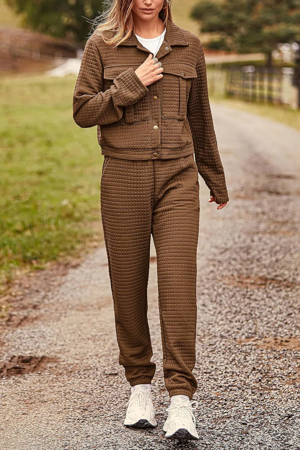 PRETTYGARDEN Womens 2025 Winter 2 Piece Outfit Tracksuit Long Sleeve Button Down Shacket Jacket Pockets Long Pants Casual Set