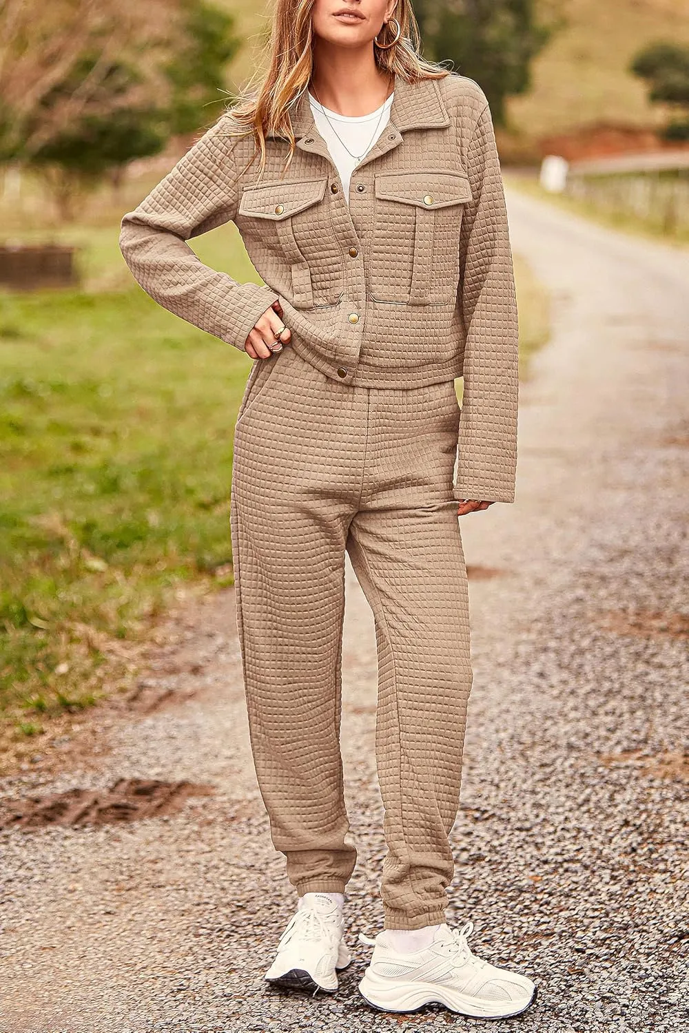PRETTYGARDEN Womens 2025 Winter 2 Piece Outfit Tracksuit Long Sleeve Button Down Shacket Jacket Pockets Long Pants Casual Set