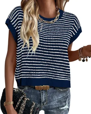 PRETTYGARDEN Womens Short Sleeve Sweater Spring Summer 2025 Round Neck Striped Pullover Cap Sleeve Knit Sweater Vest Tops