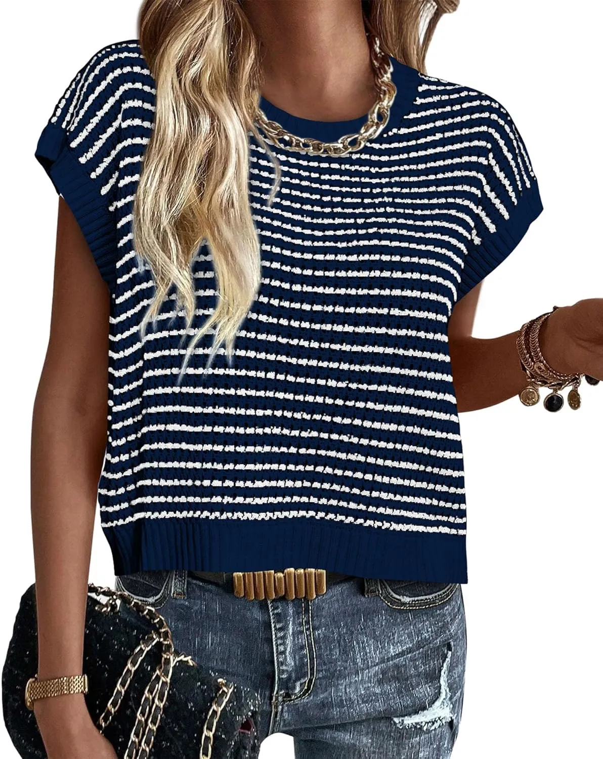 PRETTYGARDEN Womens Short Sleeve Sweater Spring Summer 2025 Round Neck Striped Pullover Cap Sleeve Knit Sweater Vest Tops