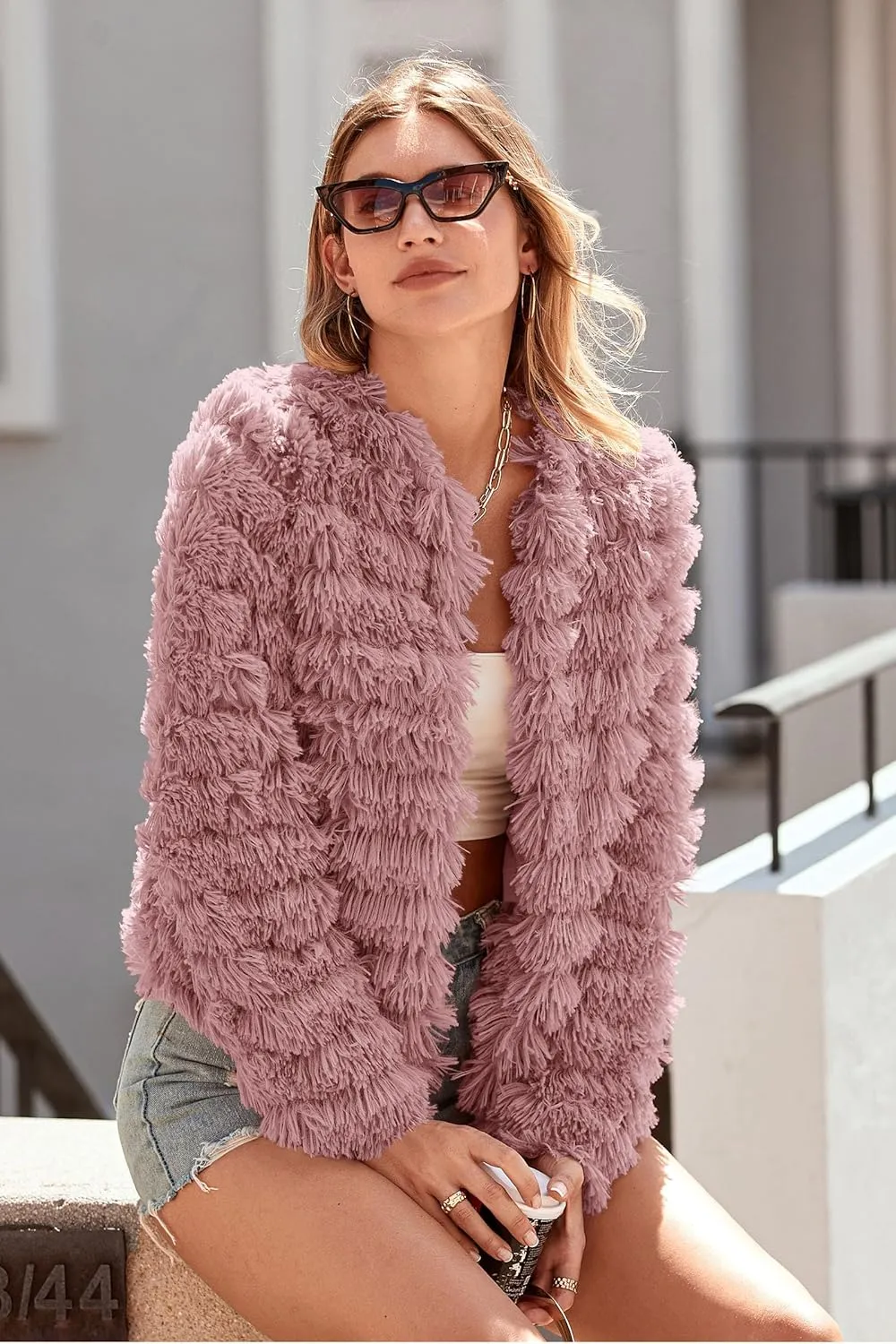 PRETTYGARDEN Womens Winter Coats Fashion Faux Fur Long Sleeve Fleece Shaggy Lightweight Fall Cropped Jacket Outerwear