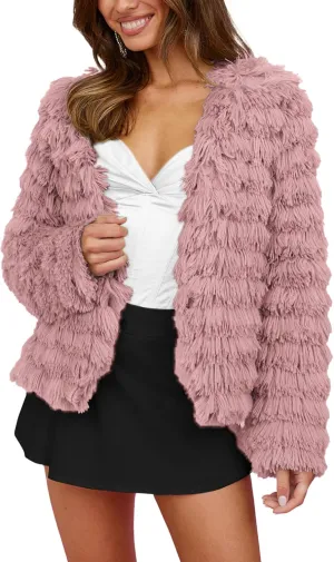 PRETTYGARDEN Womens Winter Coats Fashion Faux Fur Long Sleeve Fleece Shaggy Lightweight Fall Cropped Jacket Outerwear