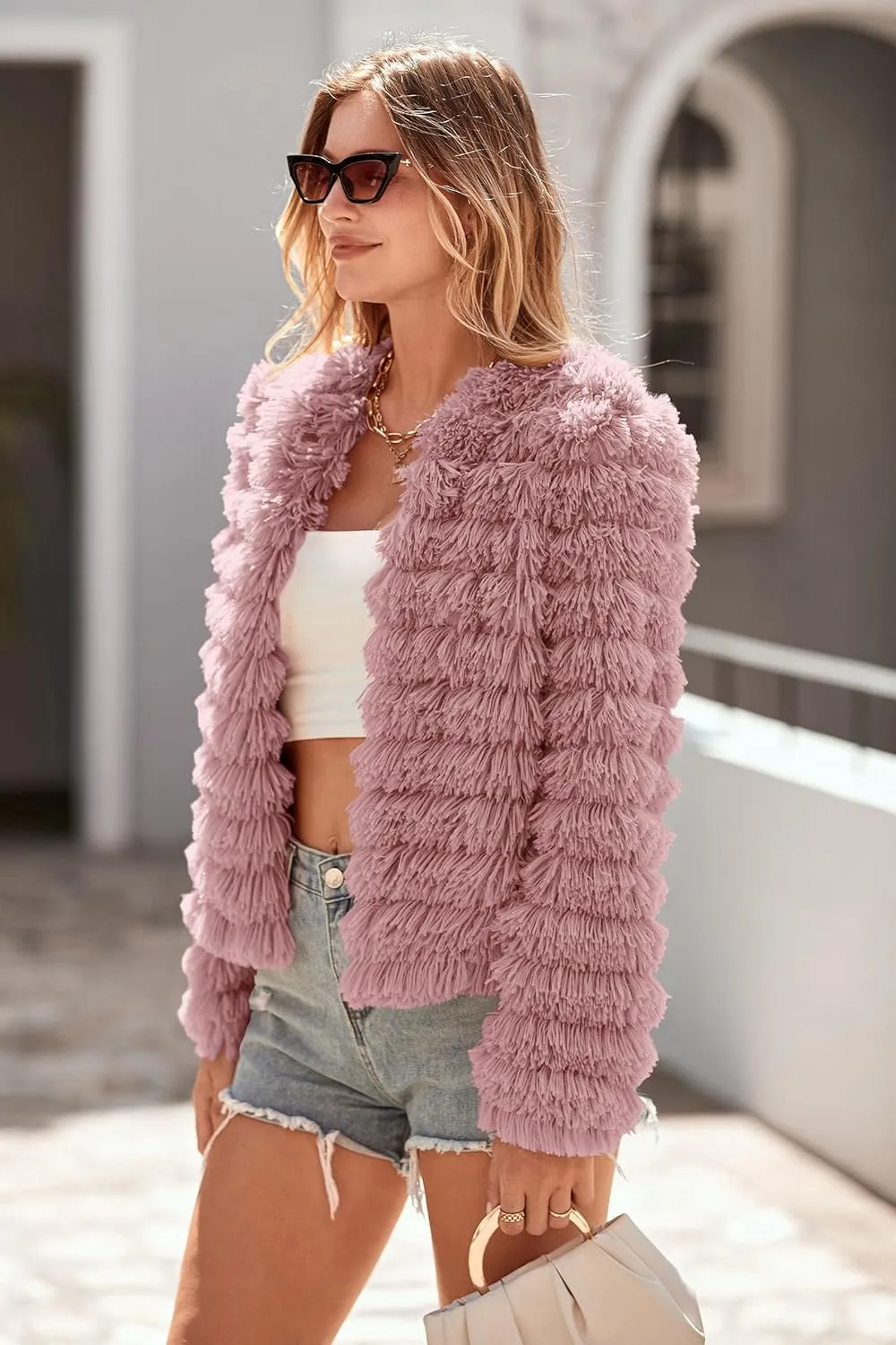 PRETTYGARDEN Womens Winter Coats Fashion Faux Fur Long Sleeve Fleece Shaggy Lightweight Fall Cropped Jacket Outerwear