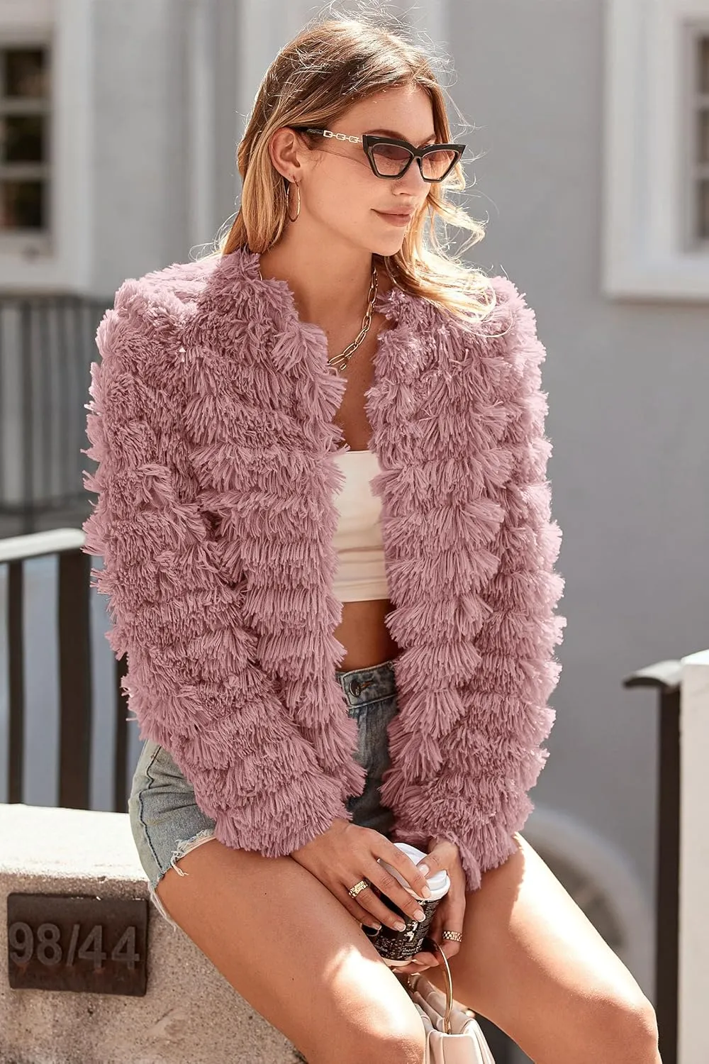 PRETTYGARDEN Womens Winter Coats Fashion Faux Fur Long Sleeve Fleece Shaggy Lightweight Fall Cropped Jacket Outerwear