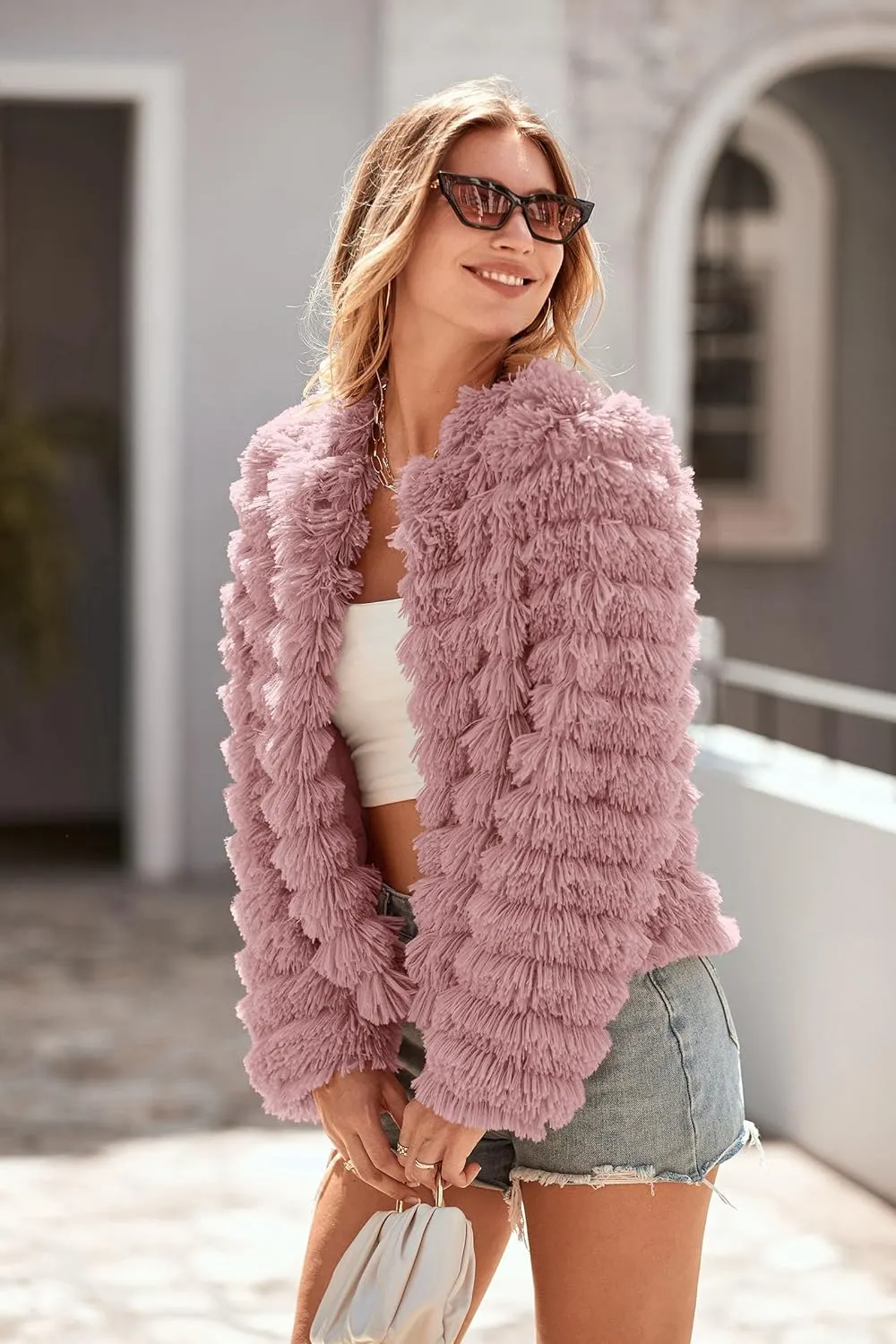 PRETTYGARDEN Womens Winter Coats Fashion Faux Fur Long Sleeve Fleece Shaggy Lightweight Fall Cropped Jacket Outerwear