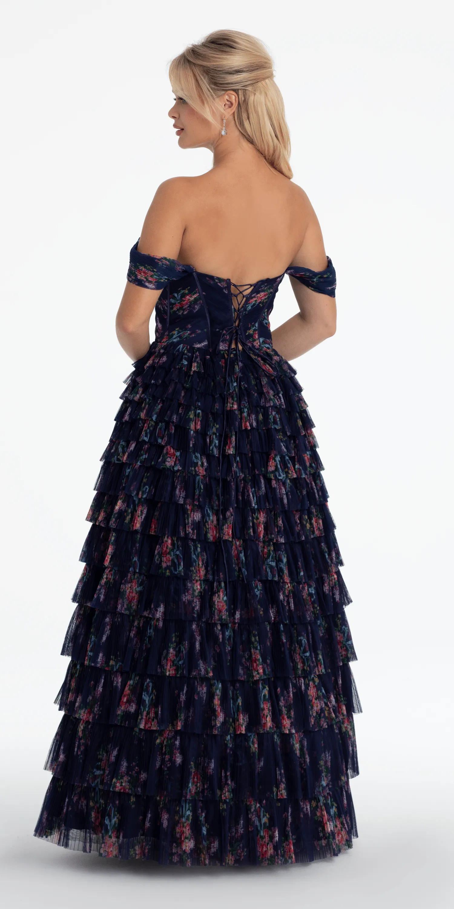 Print Mesh Off the Shoulder Tiered Corset Ballgown