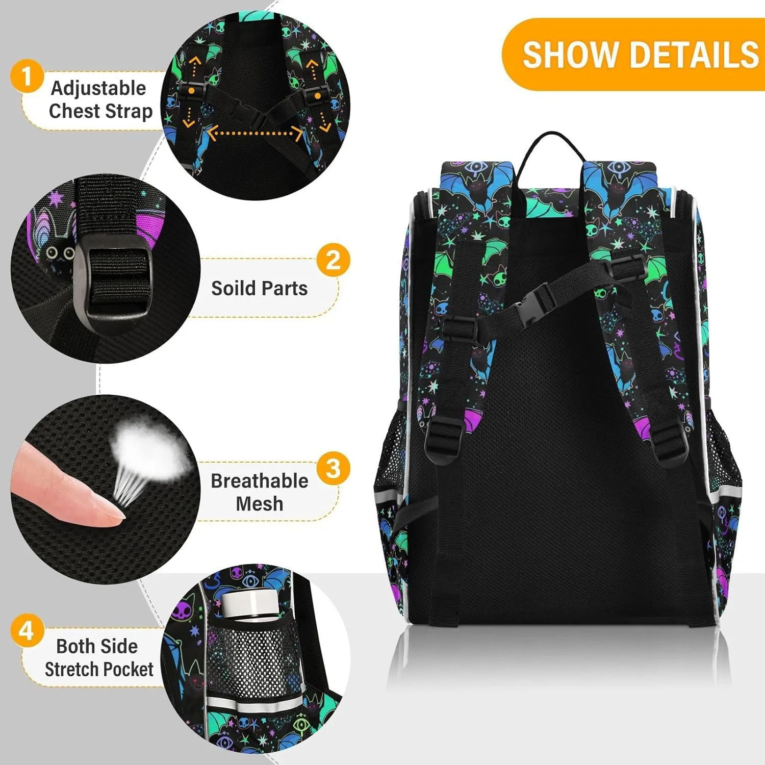 Psychedelic Bats Backpack 16 Inch Stylish Casual Rucksack Daypacks, College School Student Laptop Backpack