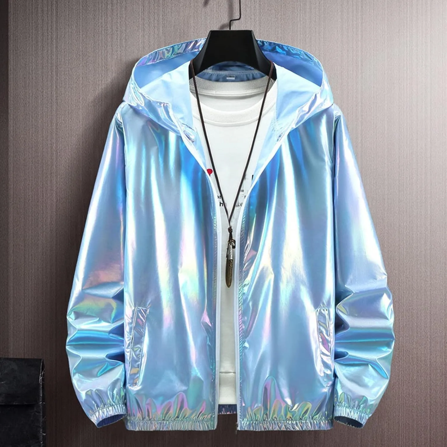 Rainbow Reflective Jacket for Men Trendy Gradient Shiny Hooded Jackets Lightweight Full Zip Runing Jacket