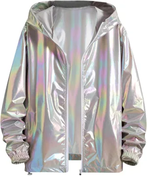 Rainbow Reflective Jacket for Men Trendy Gradient Shiny Hooded Jackets Lightweight Full Zip Runing Jacket