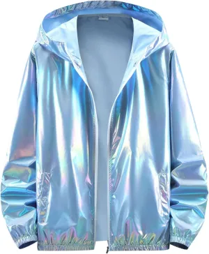 Rainbow Reflective Jacket for Men Trendy Gradient Shiny Hooded Jackets Lightweight Full Zip Runing Jacket