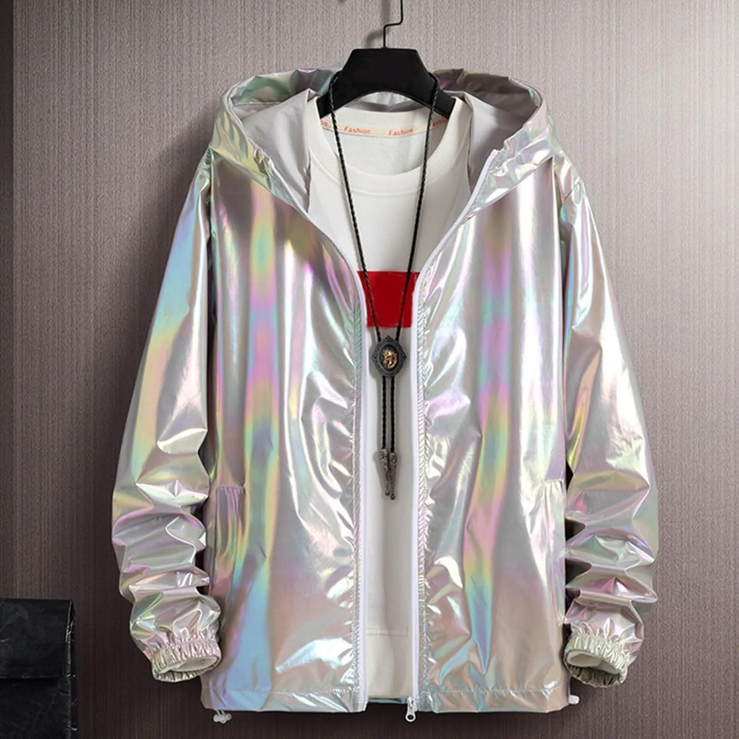 Rainbow Reflective Jacket for Men Trendy Gradient Shiny Hooded Jackets Lightweight Full Zip Runing Jacket
