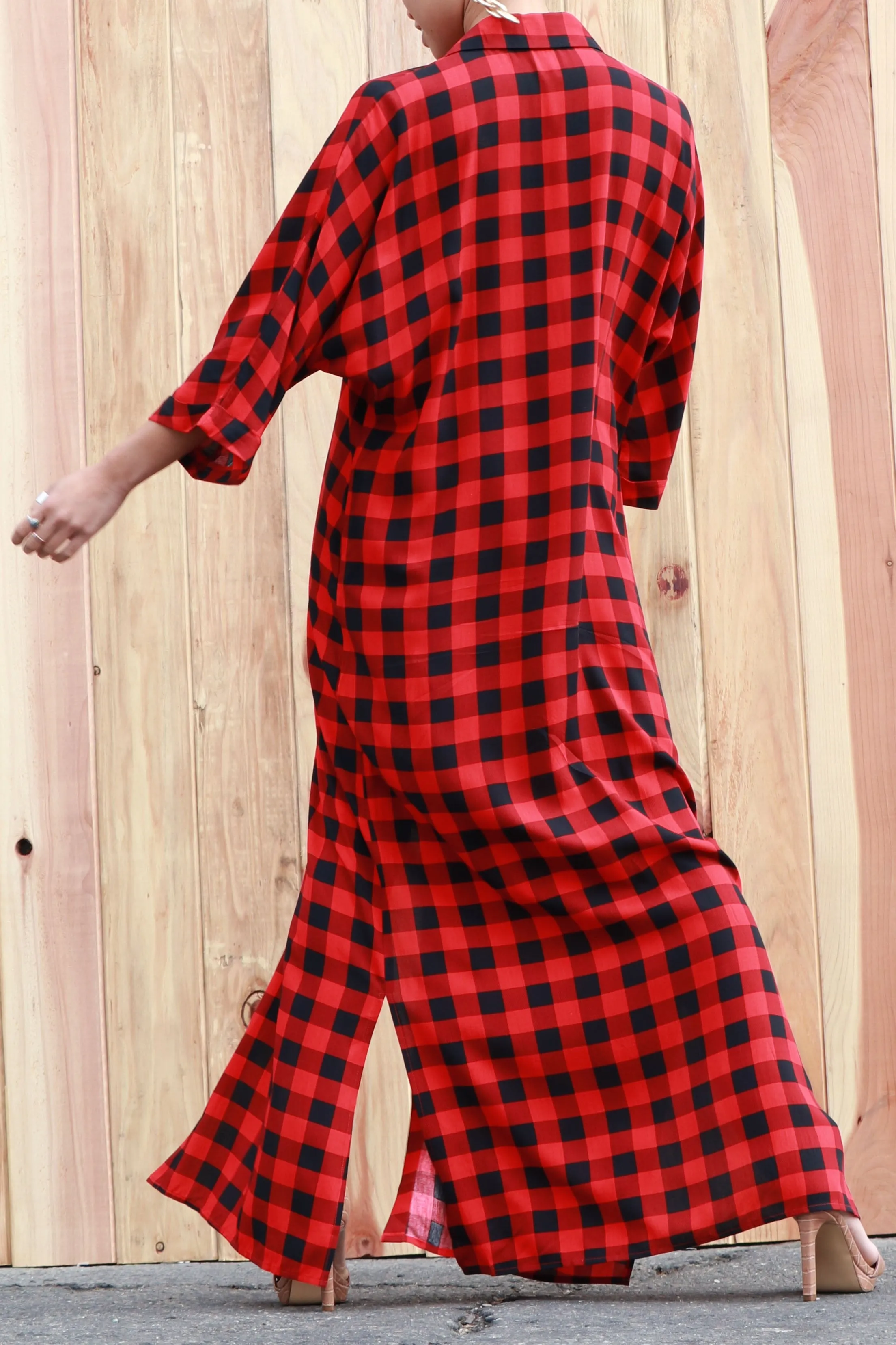 RED PLAID WOVEN LONG SHIRT DRESS