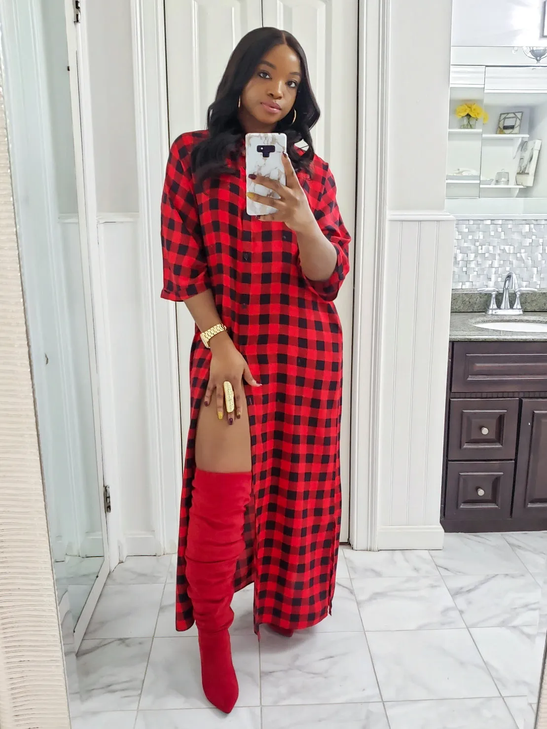 RED PLAID WOVEN LONG SHIRT DRESS