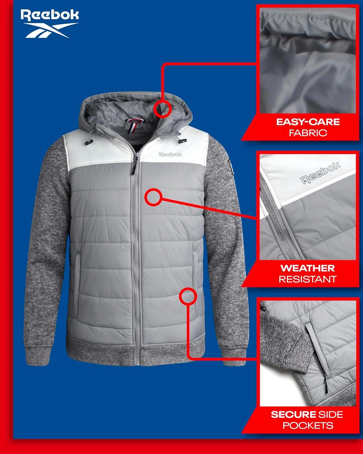 Reebok Men's Jacket - Warm Insulated Quilted Puffer Jacket with Sweater Fleece Sleeves - Hooded Outdoor Jacket for Men (M-XL)