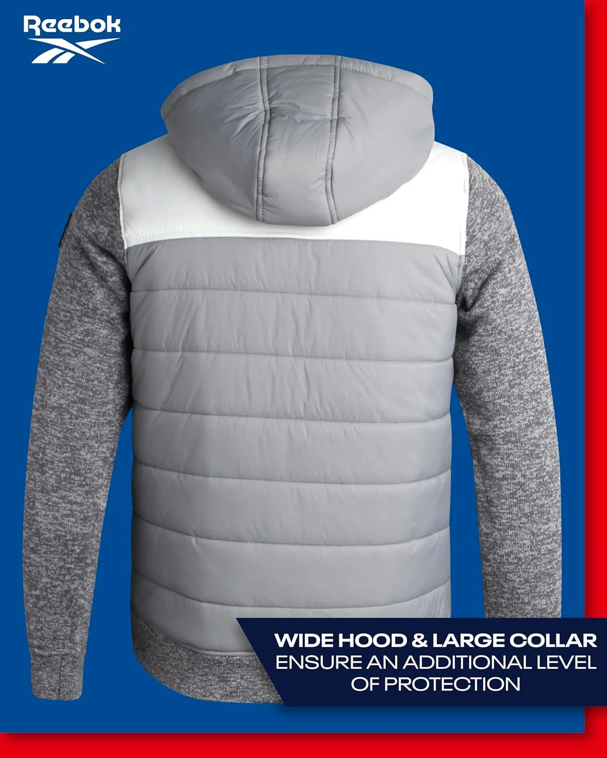 Reebok Men's Jacket - Warm Insulated Quilted Puffer Jacket with Sweater Fleece Sleeves - Hooded Outdoor Jacket for Men (M-XL)