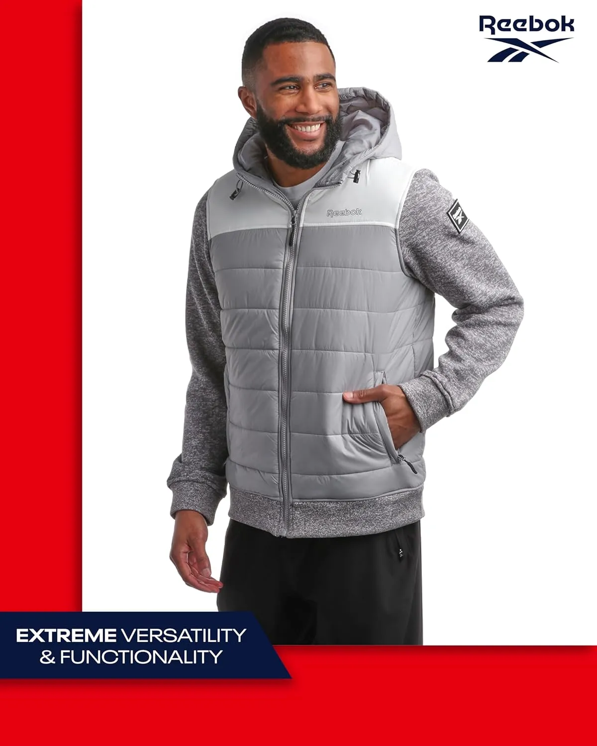 Reebok Men's Jacket - Warm Insulated Quilted Puffer Jacket with Sweater Fleece Sleeves - Hooded Outdoor Jacket for Men (M-XL)