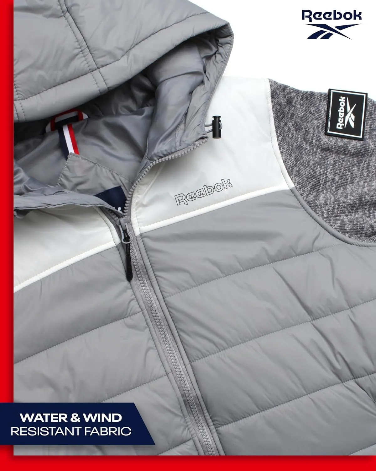 Reebok Men's Jacket - Warm Insulated Quilted Puffer Jacket with Sweater Fleece Sleeves - Hooded Outdoor Jacket for Men (M-XL)