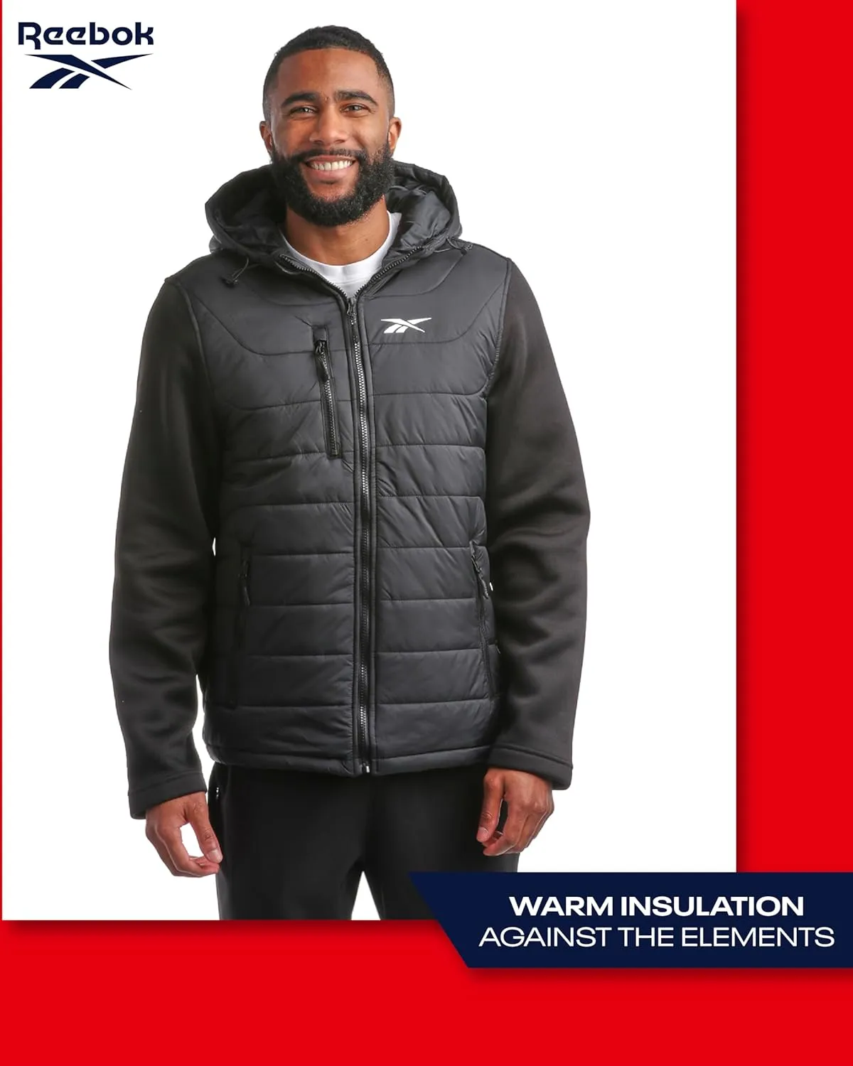 Reebok Men's Jacket - Warm Insulated Quilted Puffer Jacket with Sweater Fleece Sleeves - Hooded Outdoor Jacket for Men (M-XL)