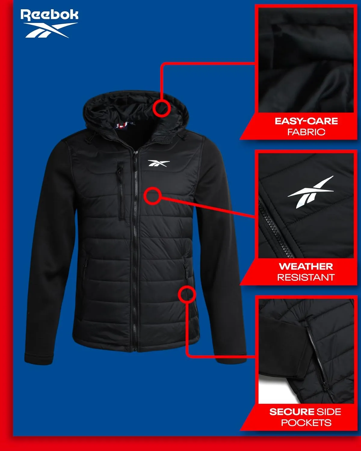 Reebok Men's Jacket - Warm Insulated Quilted Puffer Jacket with Sweater Fleece Sleeves - Hooded Outdoor Jacket for Men (M-XL)