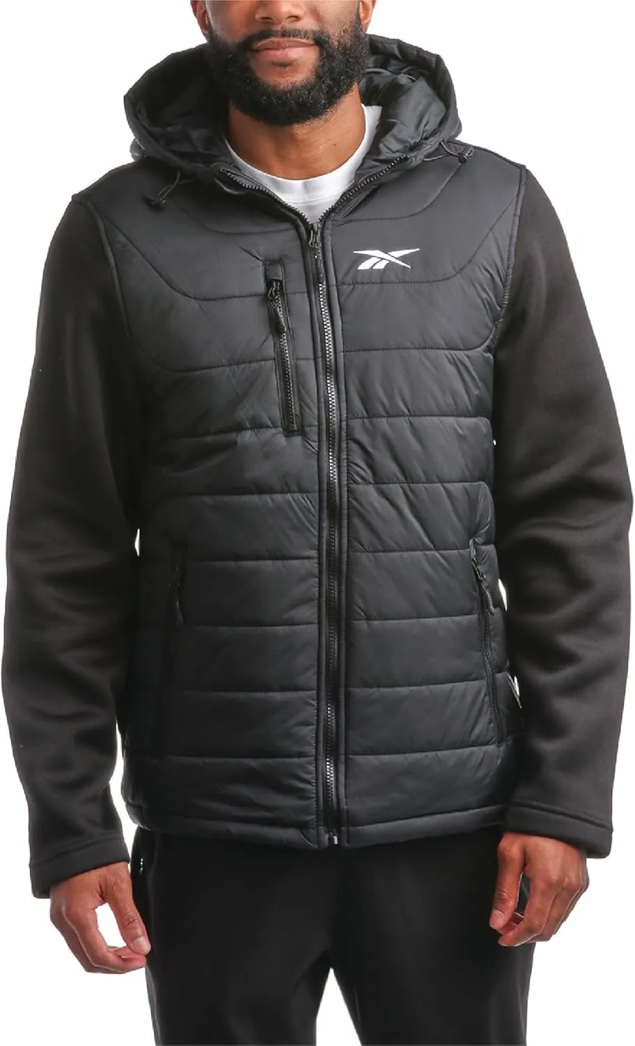 Reebok Men's Jacket - Warm Insulated Quilted Puffer Jacket with Sweater Fleece Sleeves - Hooded Outdoor Jacket for Men (M-XL)