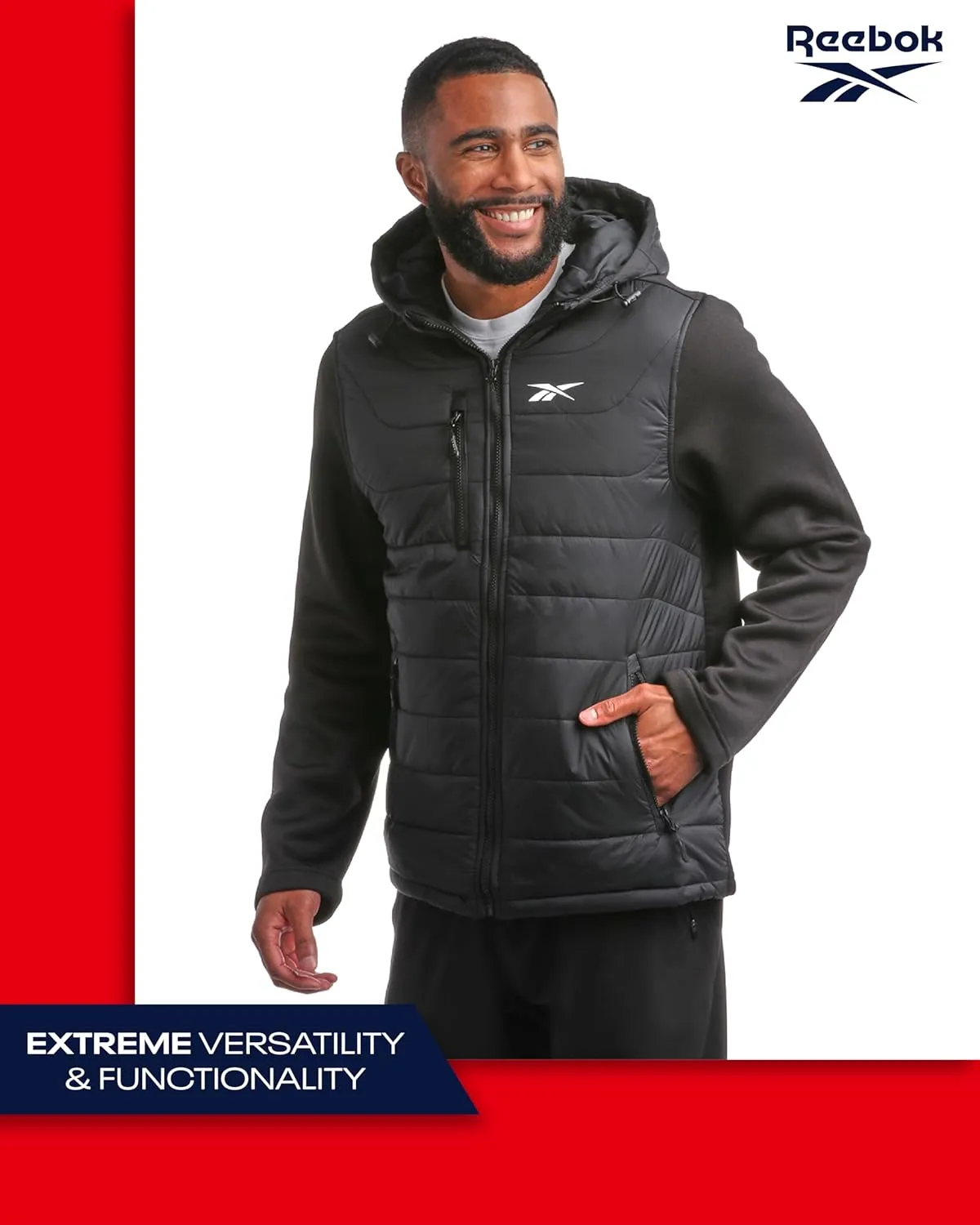 Reebok Men's Jacket - Warm Insulated Quilted Puffer Jacket with Sweater Fleece Sleeves - Hooded Outdoor Jacket for Men (M-XL)