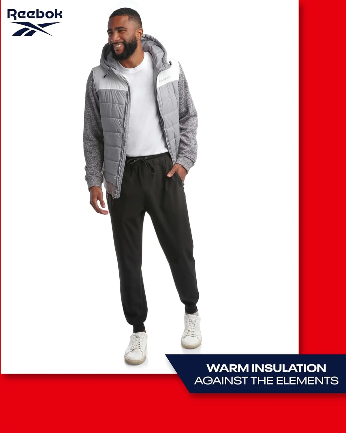 Reebok Men's Jacket - Warm Insulated Quilted Puffer Jacket with Sweater Fleece Sleeves - Hooded Outdoor Jacket for Men (M-XL)