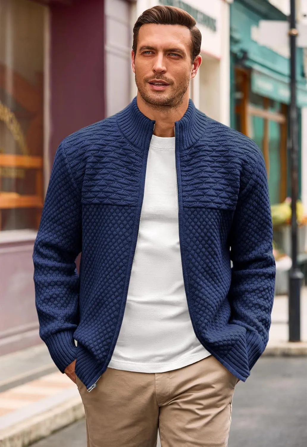 Runcati Mens Zip Up Cardigan Sweater Casual Stand Collar Textured Knit Ribbed Chunky Sweaters