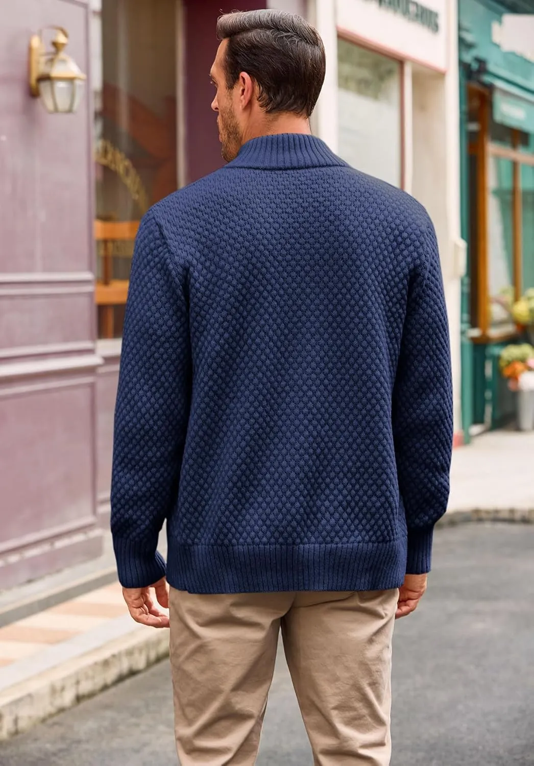 Runcati Mens Zip Up Cardigan Sweater Casual Stand Collar Textured Knit Ribbed Chunky Sweaters